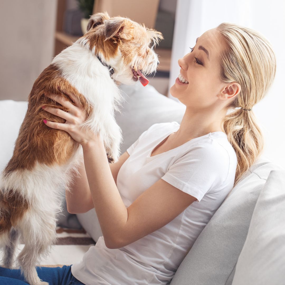 owner holding up her dog