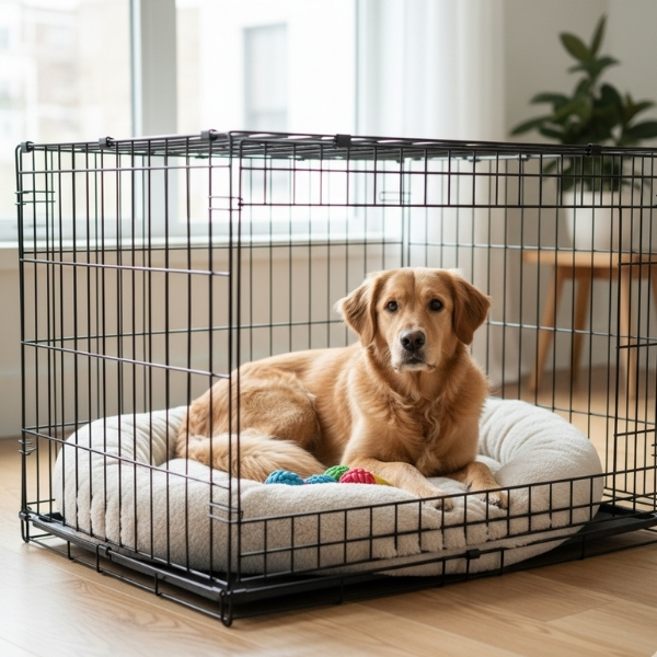 dog sitting in a kennel