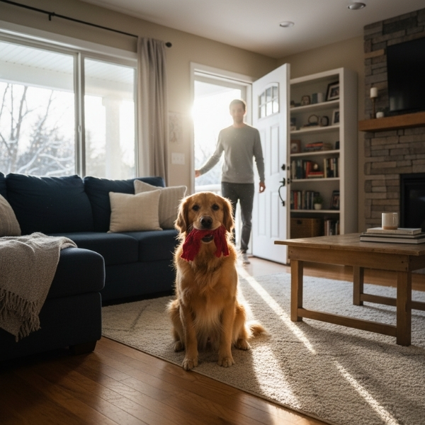 Man opening his home's front door while a dog sits