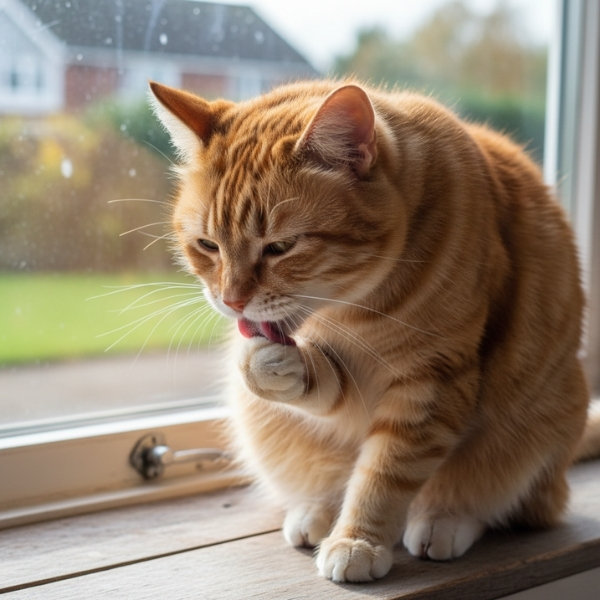Orange cat licking its paw