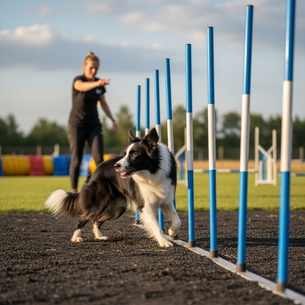 A border collie weaving through agility poles