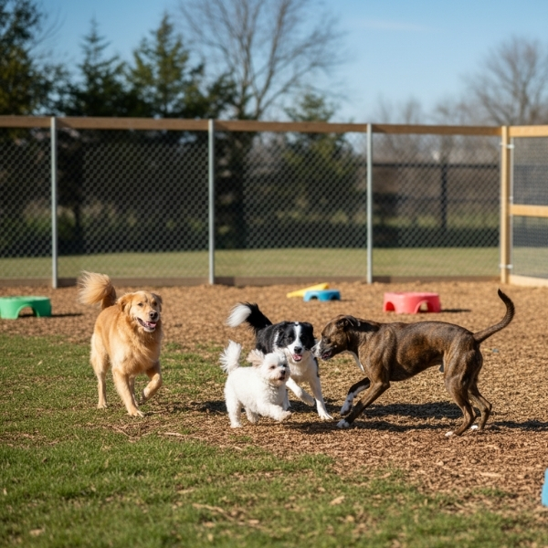 group of dogs of different breeds playing together outdoors in a sunny, fenced-in dog daycare yard