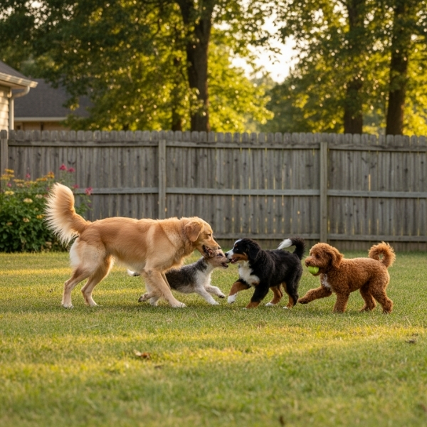 dogs of different breeds playing together in a sunny outdoor yard