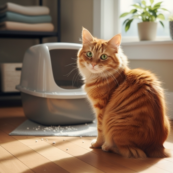 Orange cat next to a litter box