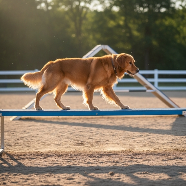 A dog carefully walking on a raised agility plank