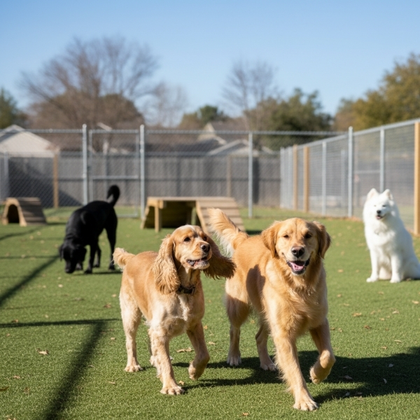 dog playing gently with one other dog in a grassy area while a few other dogs watch from a distance