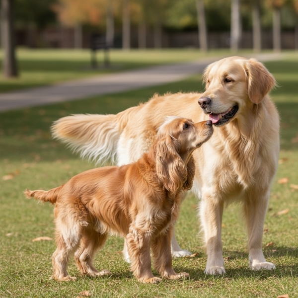 dog cautiously sniffing another friendly dog