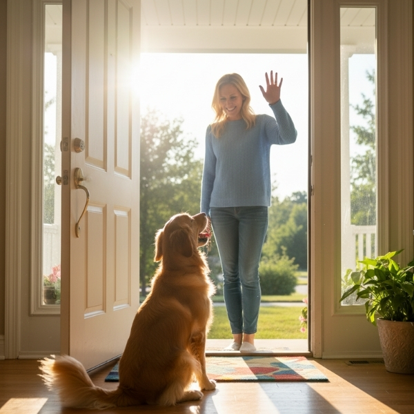 Woman waving to her dog