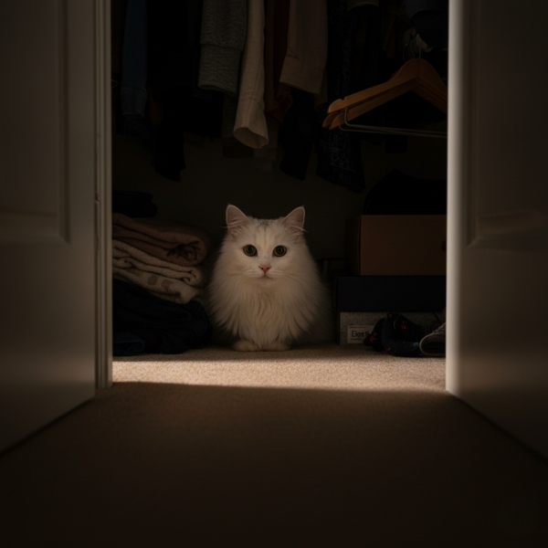 White cat hiding in the dark