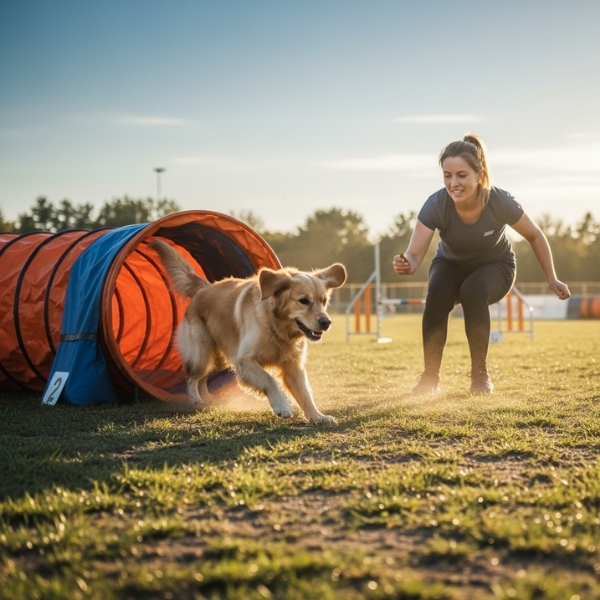 A dog mid-run through an agility tunnel with its handler crouched near the exit