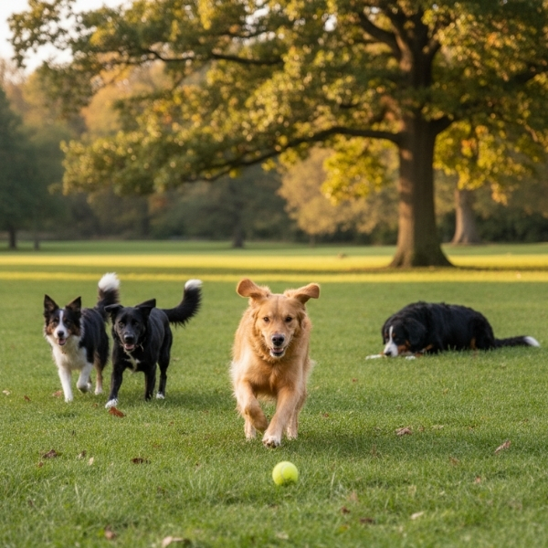 one dog sprinting after a ball with other dogs in motion