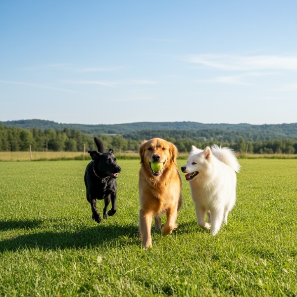 A happy golden retriever running across a green outdoor play yard with a ball in its mouth