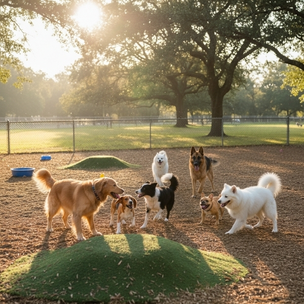 Dogs playing in a dog park