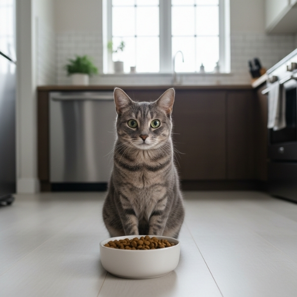 Cat sitting with a bowl of food