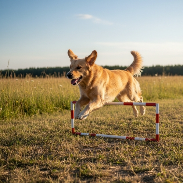 Golden Retriever leaping over a small agility hurdle