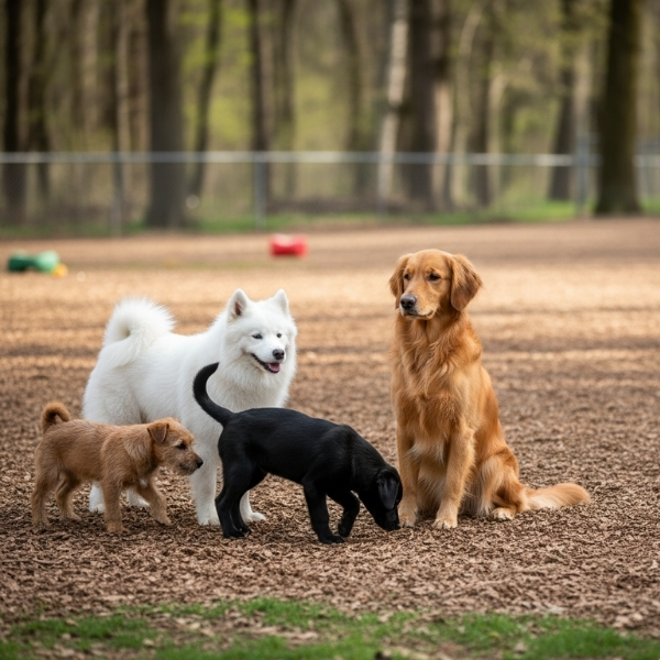 A calm dog being approached gently by a small group of friendly dogs in a play area