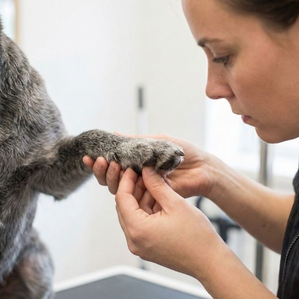 A groomer carefully examines the paw pads of a senior dog as part of a proactive health check during a grooming session to monitor for any issues.
