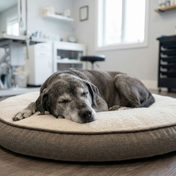 An older, grey-muzzled dog sleeps peacefully on a thick, comfortable orthopedic bed in a quiet corner of a grooming salon, illustrating a stress-free environment.