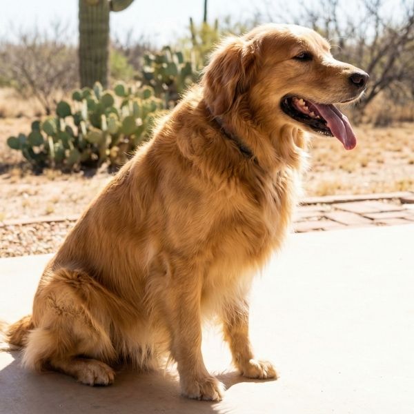 Golden Retriever panting while sitting outdoors in a hot, dry South Texas desert landscape, illustrating the need for de-shedding to regulate body temperature.