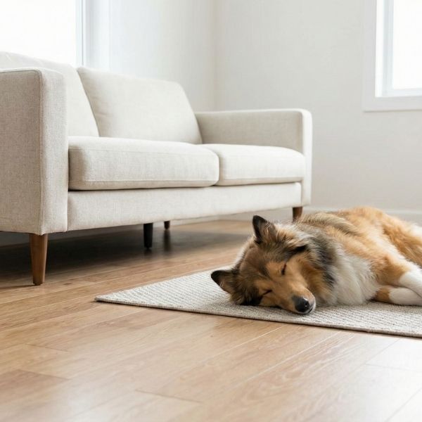 A well-groomed dog sleeping peacefully on a rug in a spotless, brightly lit living room free of pet hair, highlighting the advantage of de-shedding for a cleaner home.