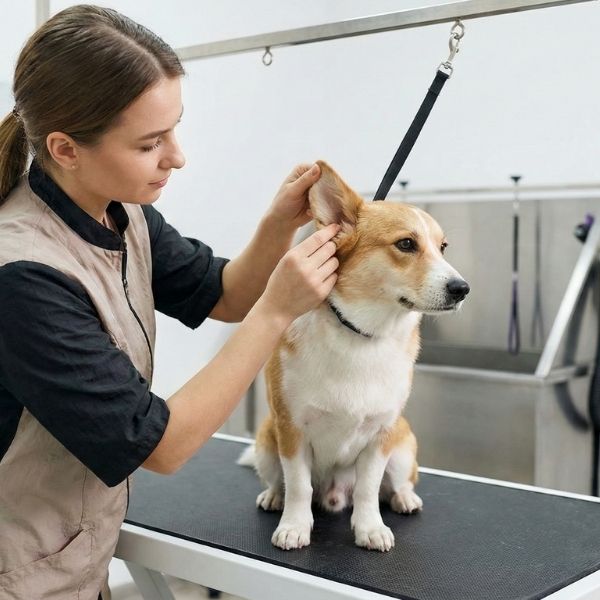 Professional pet groomer in a salon environment examining a dog's ear on a grooming table as part of a routine health check during a grooming session.