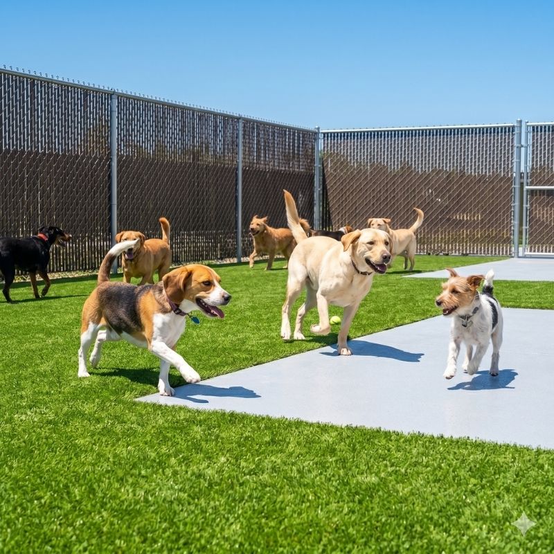 Multiple happy dogs play together under supervision in a massive, secure outdoor run at Rob Cary Pet Resort, featuring both artificial turf and smooth gravel surfaces.